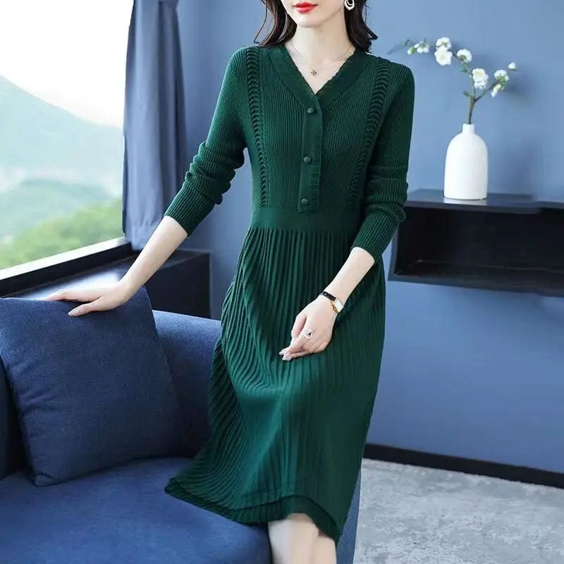 2024 spring new arrival Office lady v neck long sleeve loose fit cable knit women sweater dress