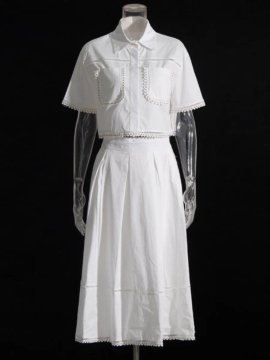 2024 Spring New Arrival Short Sleeve Turndown Collar Shirt Embroidery Midwaist Skirt Women Two Piece Set