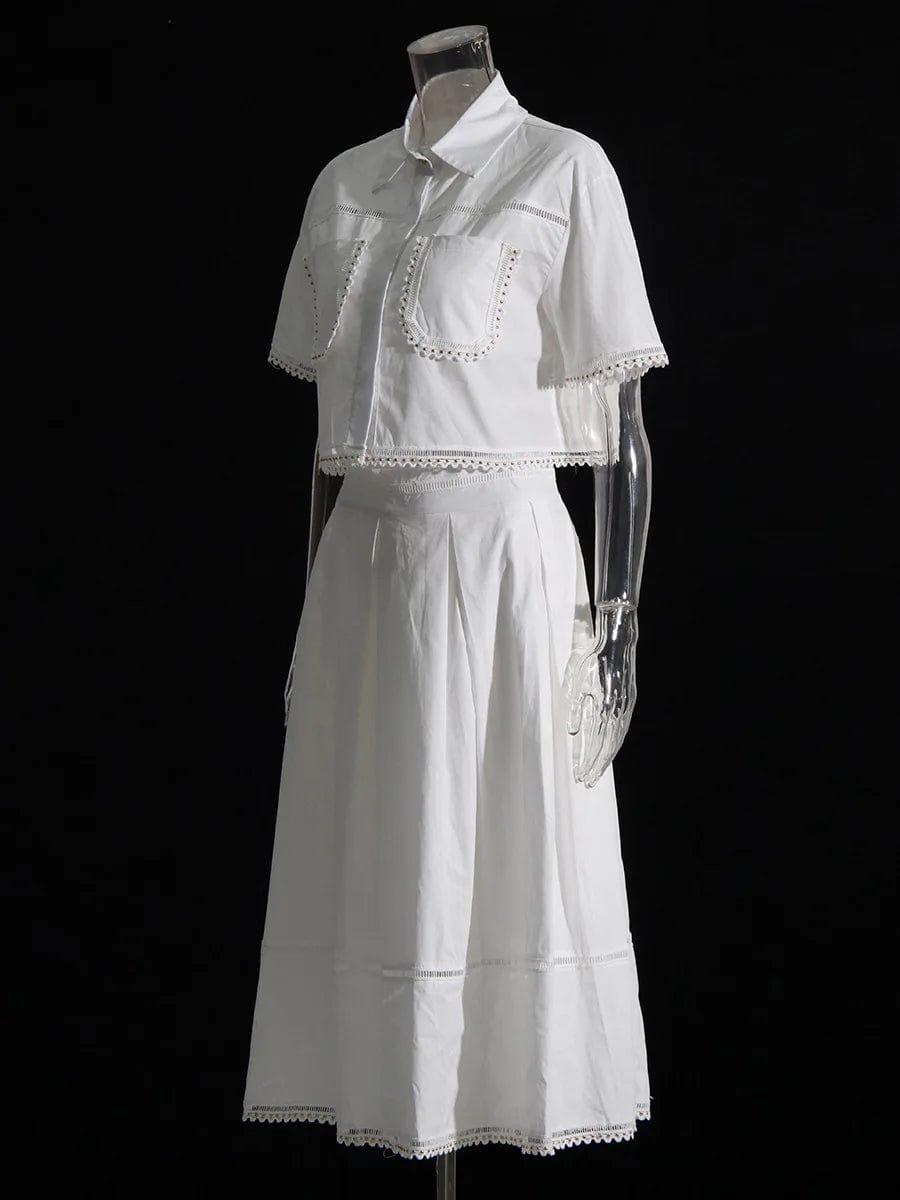 2024 Spring New Arrival Short Sleeve Turndown Collar Shirt Embroidery Midwaist Skirt Women Two Piece Set