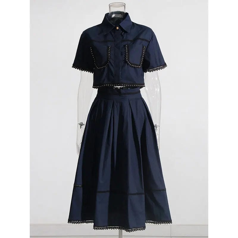 2024 Spring New Arrival Short Sleeve Turndown Collar Shirt Embroidery Midwaist Skirt Women Two Piece Set