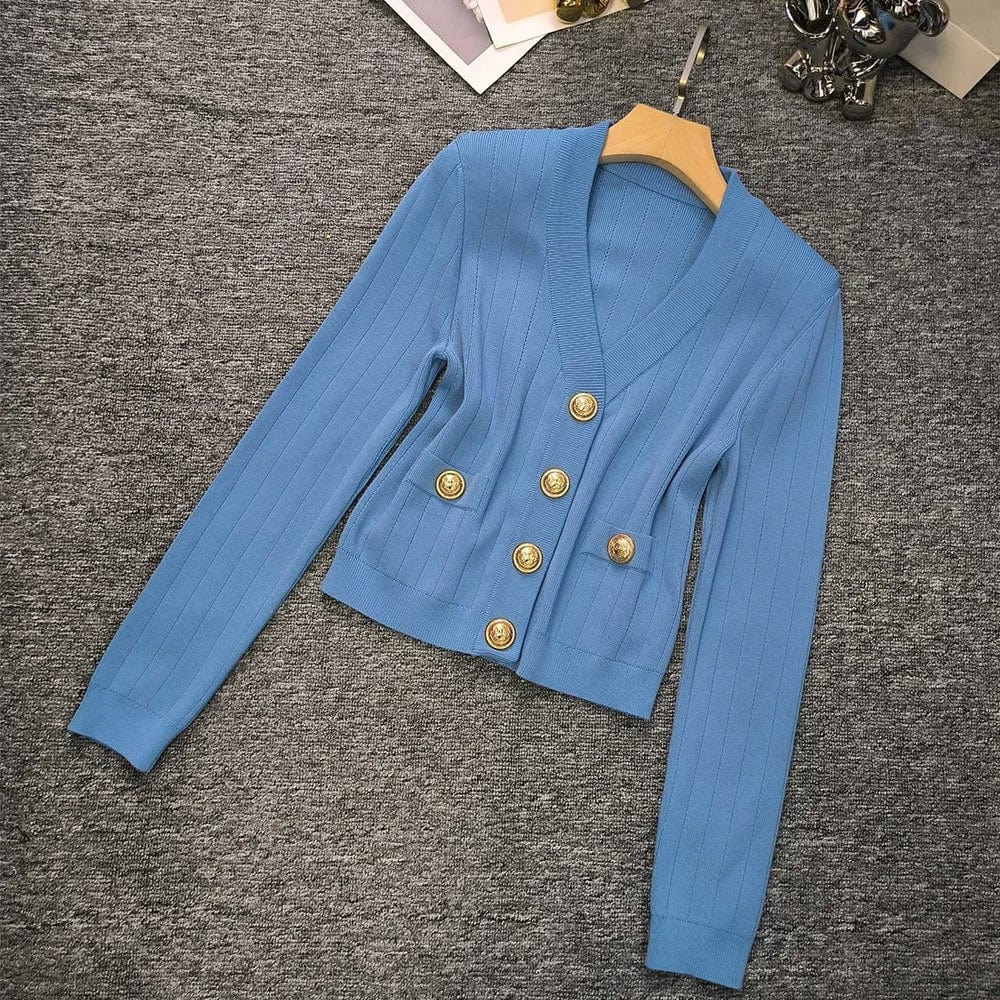 2024 Spring New Arrival V-neck High Quality Single-breaseted Long Sleeve Sweater Knitted Slim Short Crop Top