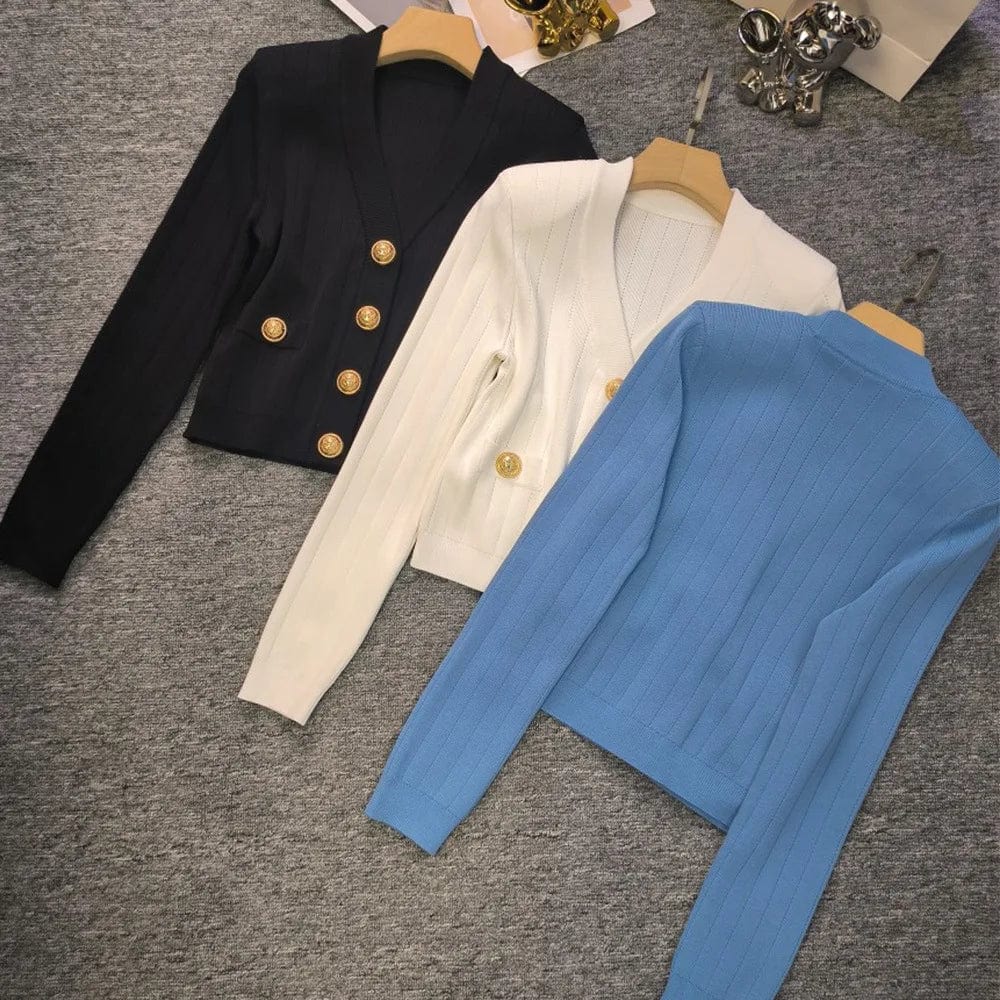 2024 Spring New Arrival V-neck High Quality Single-breaseted Long Sleeve Sweater Knitted Slim Short Crop Top