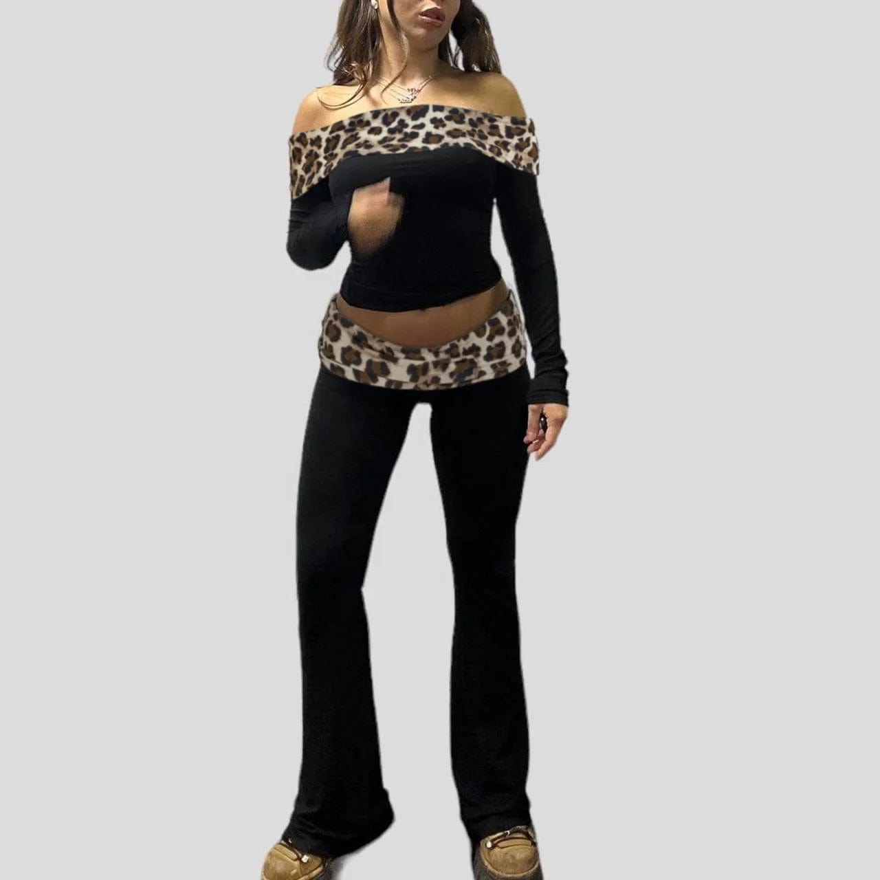 2024 Spring New Arrivals Leopard Pattern Patchwork One Shoulder Long Sleeved Top With Tight Micro Flared Pants Casual Set