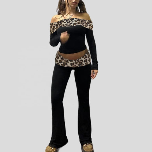 2024 Spring New Arrivals Leopard Pattern Patchwork One Shoulder Long Sleeved Top With Tight Micro Flared Pants Casual Set