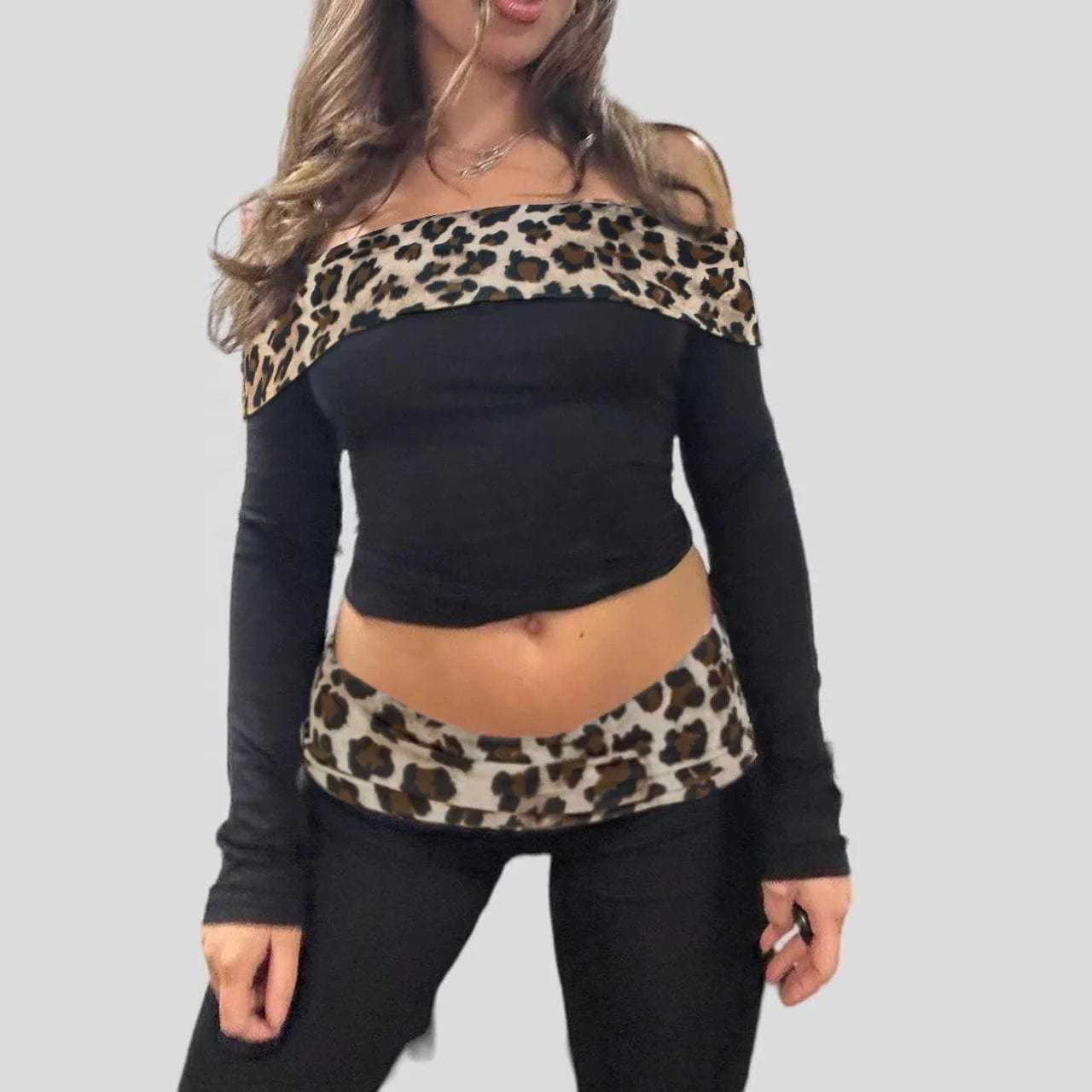 2024 Spring New Arrivals Leopard Pattern Patchwork One Shoulder Long Sleeved Top With Tight Micro Flared Pants Casual Set