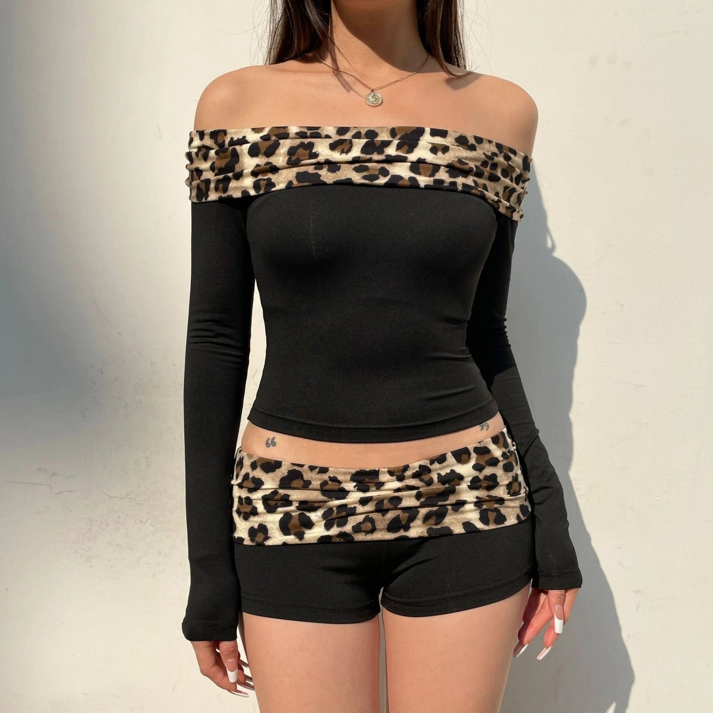 2024 Spring New Arrivals Leopard Pattern Patchwork One Shoulder Long Sleeved Top With Tight Micro Flared Pants Casual Set