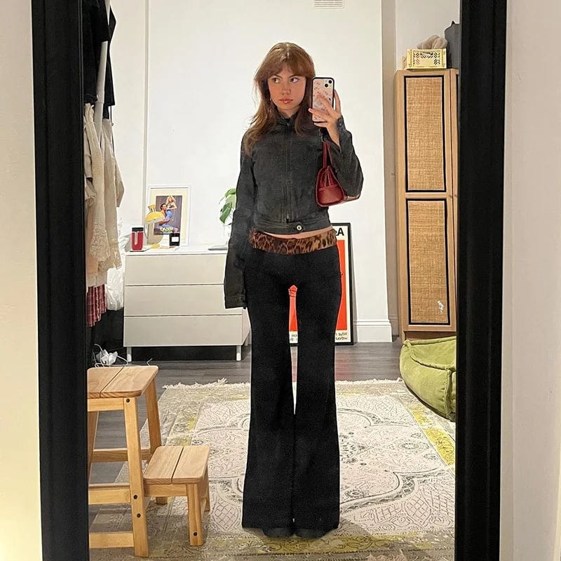 2024 Spring New Arrivals Leopard Pattern Patchwork One Shoulder Long Sleeved Top With Tight Micro Flared Pants Casual Set