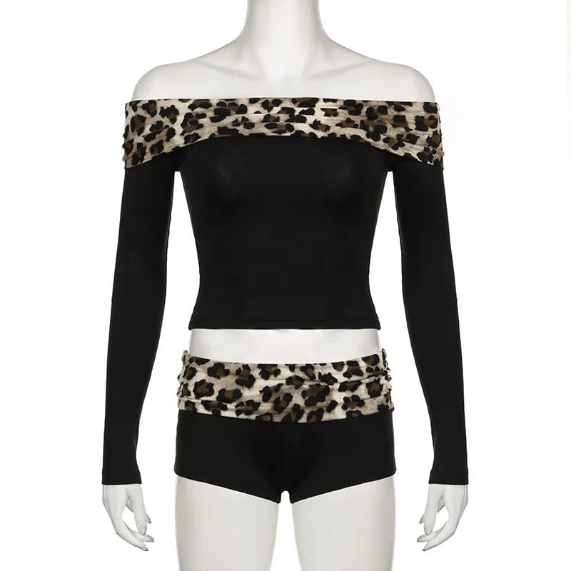 2024 Spring New Arrivals Leopard Pattern Patchwork One Shoulder Long Sleeved Top With Tight Micro Flared Pants Casual Set