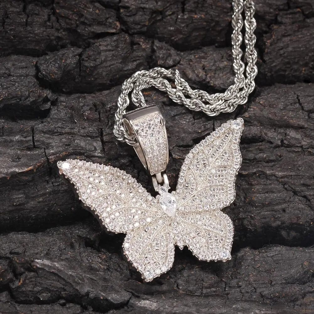 2024 spring new butterfly design micro pave cz leaf shape iced out bling vivid lively butterfly necklace