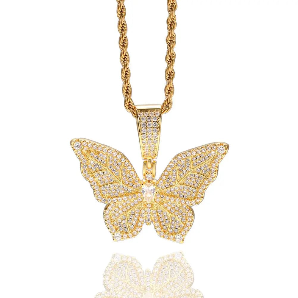 2024 spring new butterfly design micro pave cz leaf shape iced out bling vivid lively butterfly necklace