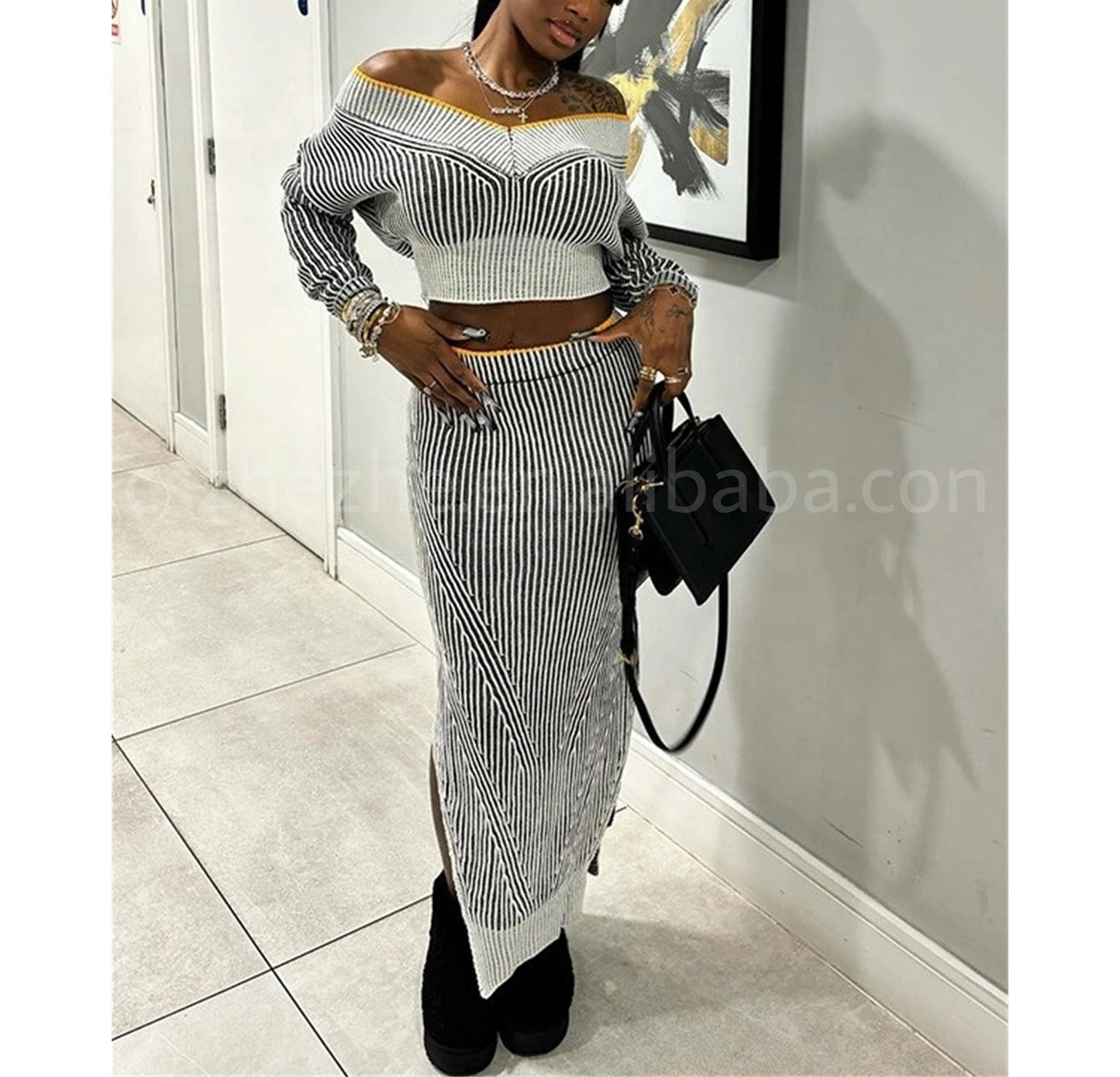 2024 Spring New Chic High Quality Sexy Off The Shoulder Long Sleeved Crop Top Matching Half Skirt Two-Piece Set