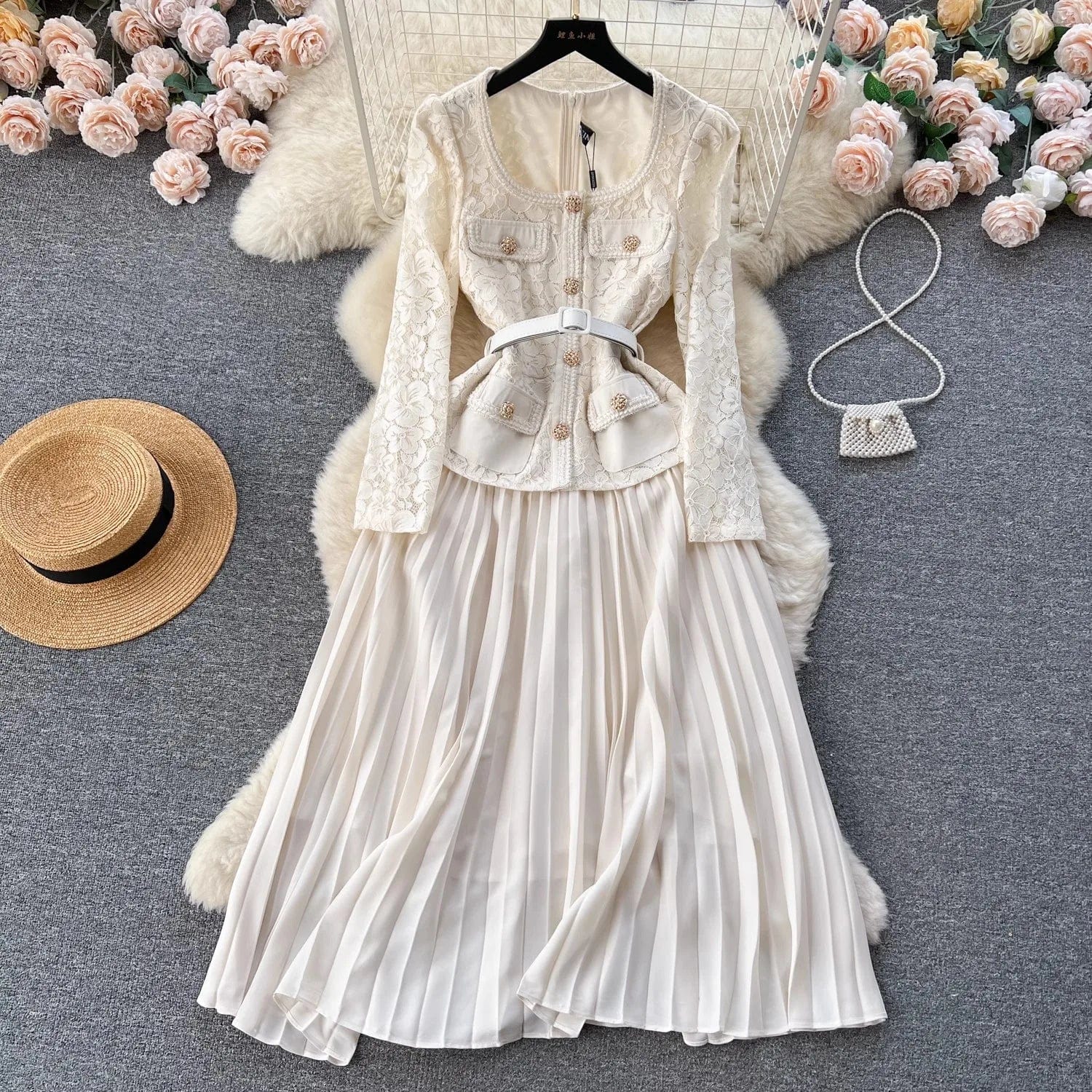 2024 Spring New Fashion Ladies Office Wear Button Waist Lantern Long Sleeve Long Dress Women