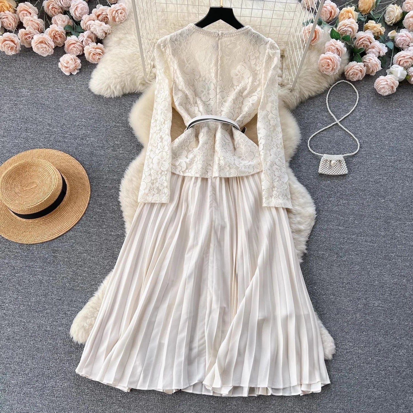 2024 Spring New Fashion Ladies Office Wear Button Waist Lantern Long Sleeve Long Dress Women
