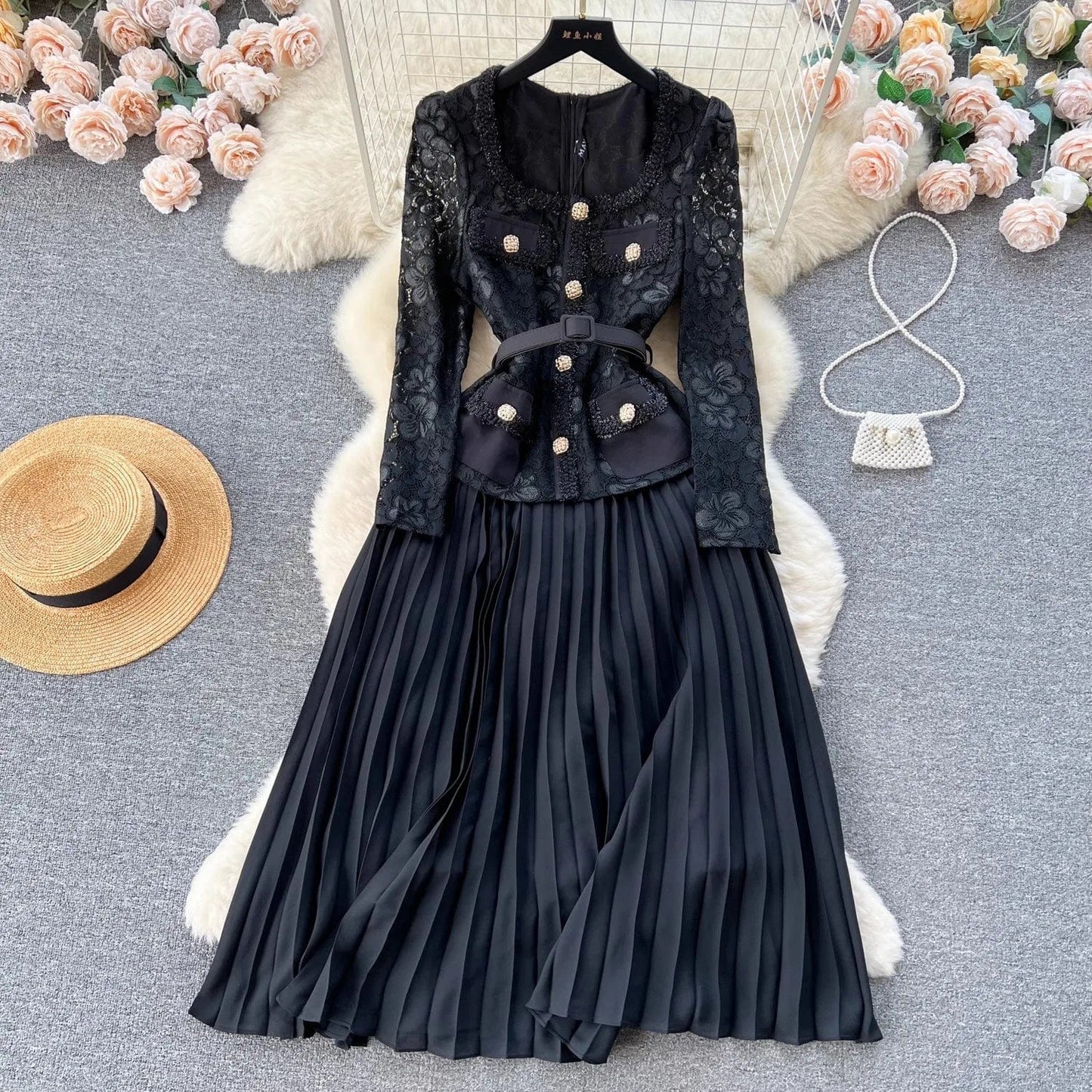 2024 Spring New Fashion Ladies Office Wear Button Waist Lantern Long Sleeve Long Dress Women