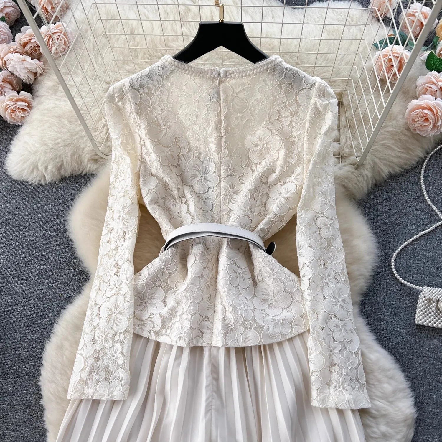 2024 Spring New Fashion Ladies Office Wear Button Waist Lantern Long Sleeve Long Dress Women