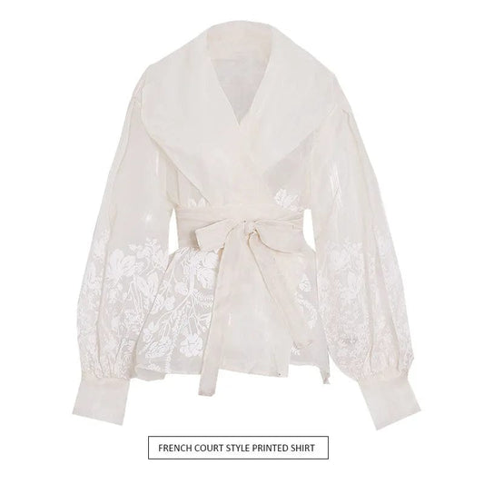 2024 spring new retro Royal style sexy suit collar bubble sleeve lace-up waist slimming shirt for women