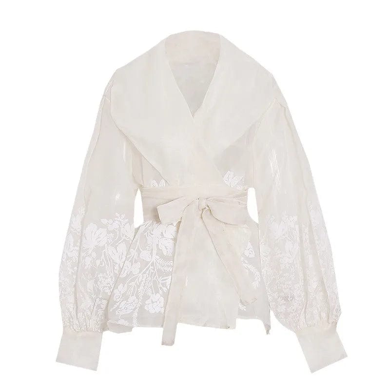 2024 spring new retro Royal style sexy suit collar bubble sleeve lace-up waist slimming shirt for women