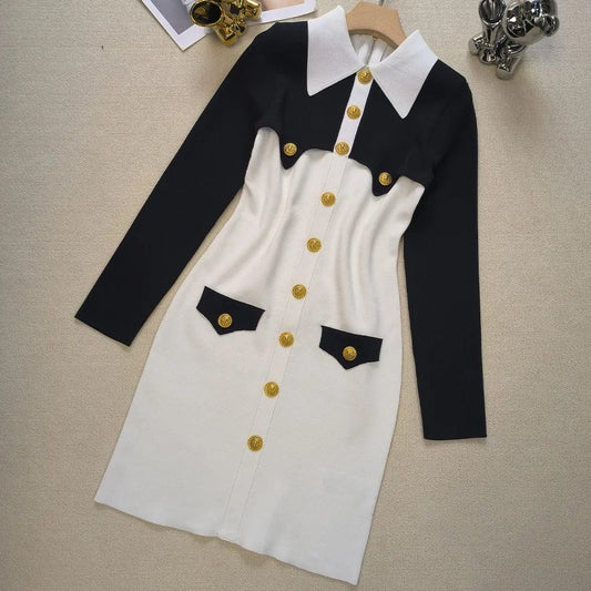 2024 Spring Newest Lady Polo Collar Long Sleeve Women Knit Vintage Colorblock Slim Fitted Single-breasted Short Dress