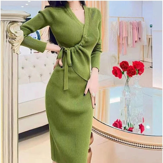 2024 Spring office ladies new arrival v-neck long sleeve high waist with belt elegant sweater dress
