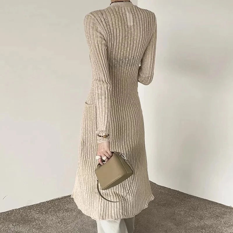 2024 Spring Sexy Slight See-through V-neckline Long Sleeve Lady Cloth Stitching Slim Fitted Women Midi Solid Knit Dress
