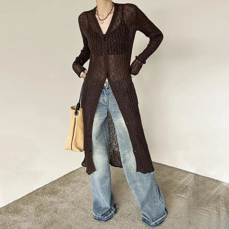 2024 Spring Sexy Slight See-through V-neckline Long Sleeve Lady Cloth Stitching Slim Fitted Women Midi Solid Knit Dress