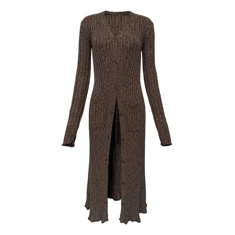 2024 Spring Sexy Slight See-through V-neckline Long Sleeve Lady Cloth Stitching Slim Fitted Women Midi Solid Knit Dress