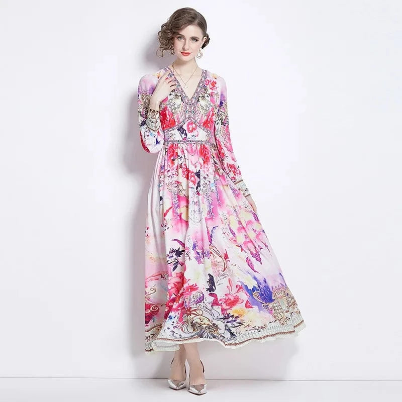 2024 Spring Style Retro Print V-neck High Waist Slim Large Swing Long Dress QP6556078