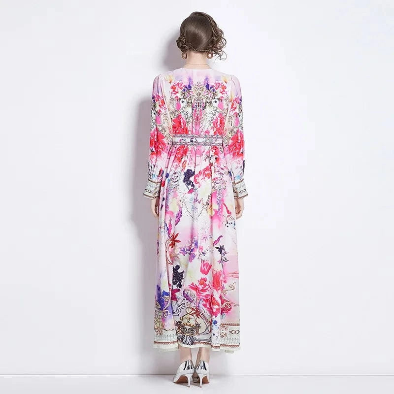 2024 Spring Style Retro Print V-neck High Waist Slim Large Swing Long Dress QP6556078