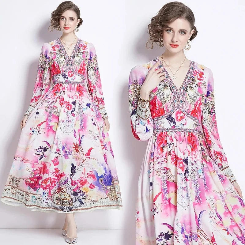 2024 Spring Style Retro Print V-neck High Waist Slim Large Swing Long Dress QP6556078