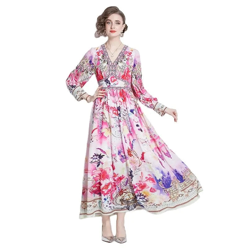 2024 Spring Style Retro Print V-neck High Waist Slim Large Swing Long Dress QP6556078