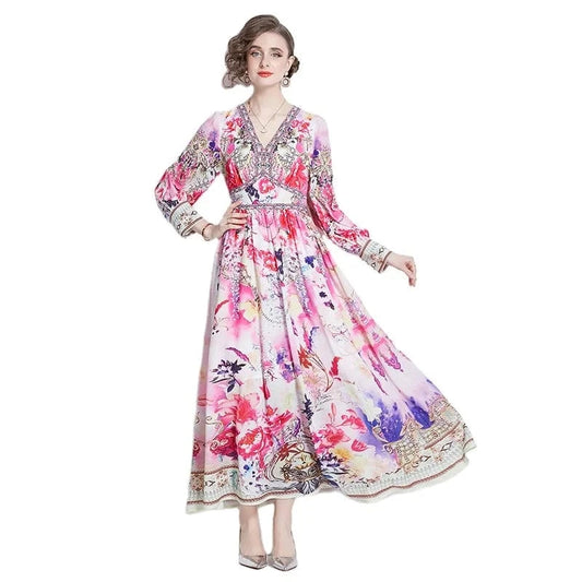 2024 Spring Style Retro Print V-neck High Waist Slim Large Swing Long Dress QP6556078