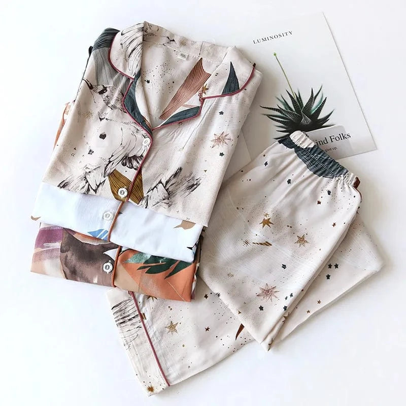 2024 Spring / Summer cotton 100% viscose long-sleeved trousers ladies cotton pajamas suit long Sleepwear women's home Nightwear