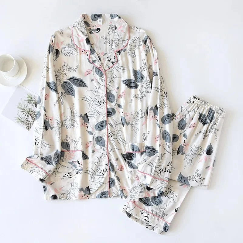 2024 Spring / Summer cotton 100% viscose long-sleeved trousers ladies cotton pajamas suit long Sleepwear women's home Nightwear
