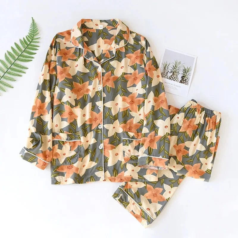 2024 Spring / Summer cotton 100% viscose long-sleeved trousers ladies cotton pajamas suit long Sleepwear women's home Nightwear