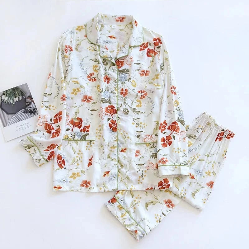 2024 Spring / Summer cotton 100% viscose long-sleeved trousers ladies cotton pajamas suit long Sleepwear women's home Nightwear