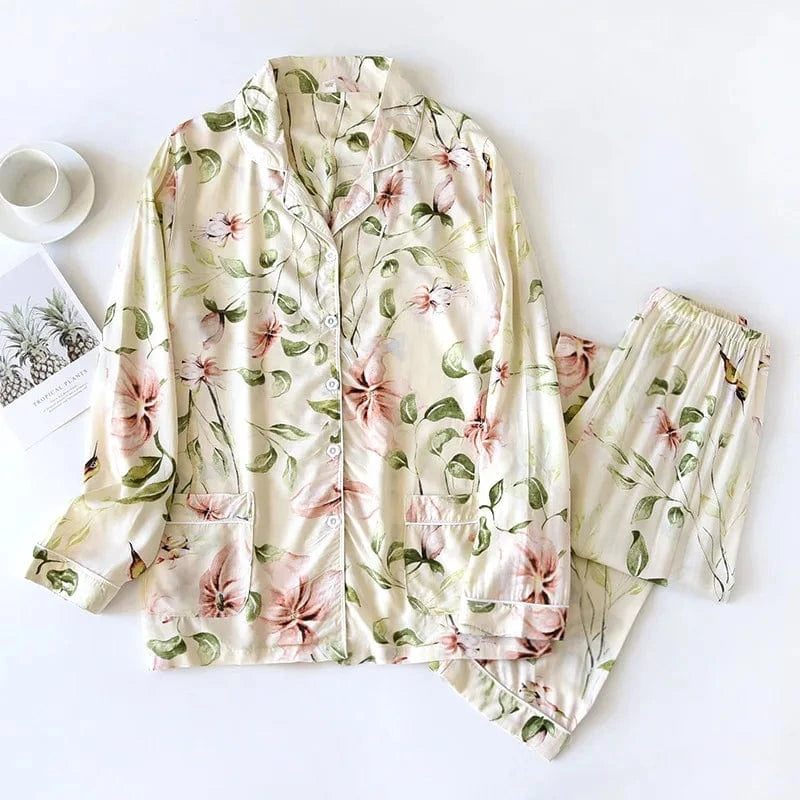 2024 Spring / Summer cotton 100% viscose long-sleeved trousers ladies cotton pajamas suit long Sleepwear women's home Nightwear