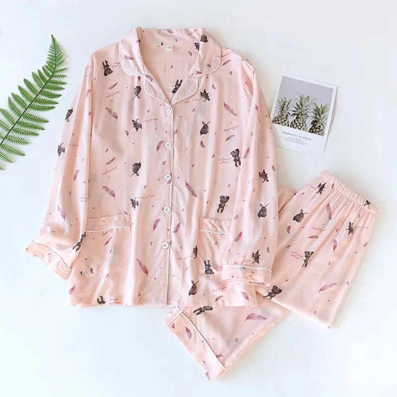 2024 Spring / Summer cotton 100% viscose long-sleeved trousers ladies cotton pajamas suit long Sleepwear women's home Nightwear