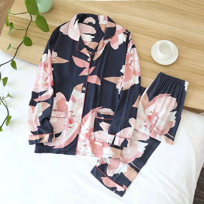 2024 Spring / Summer cotton 100% viscose long-sleeved trousers ladies cotton pajamas suit long Sleepwear women's home Nightwear