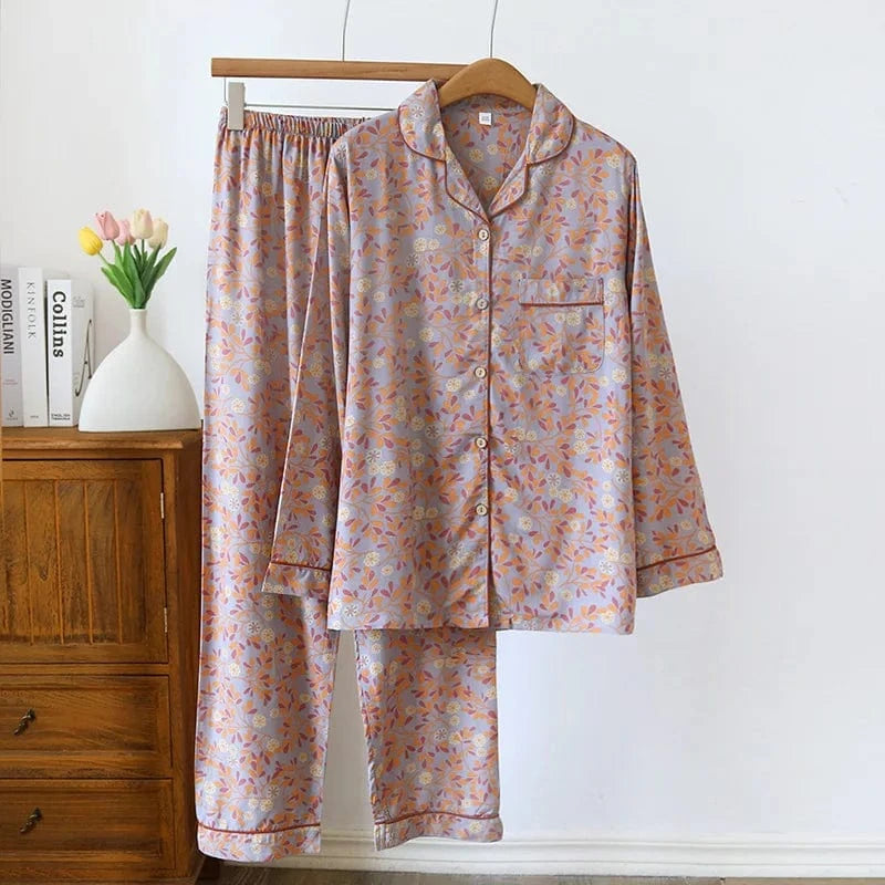 2024 Spring / Summer cotton 100% viscose long-sleeved trousers ladies cotton pajamas suit long Sleepwear women's home Nightwear