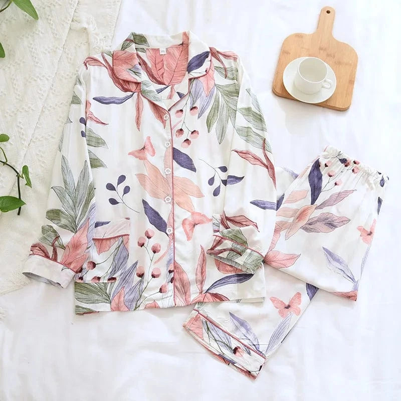 2024 Spring / Summer cotton 100% viscose long-sleeved trousers ladies cotton pajamas suit long Sleepwear women's home Nightwear