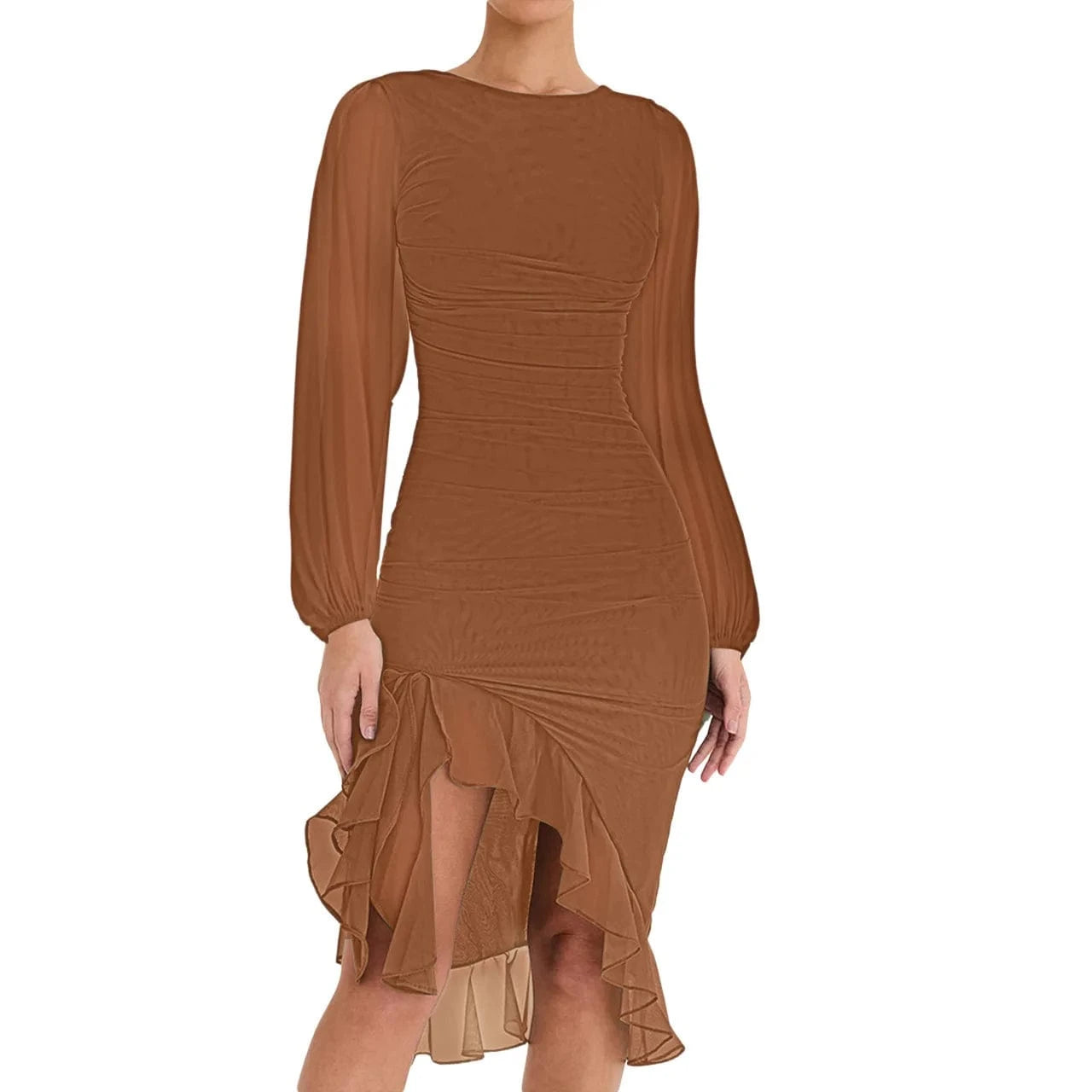 2024 spring summer long Sleeve lace Irregular bodycon Dress Net Women's Ruffles Casual Dress