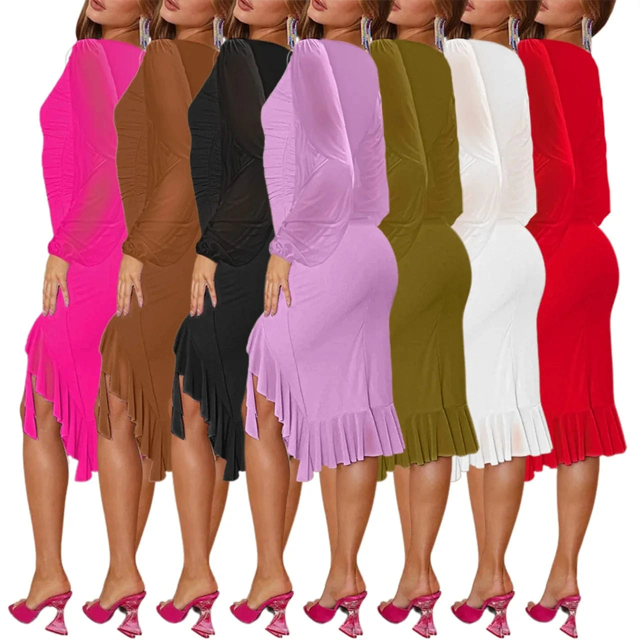 2024 spring summer long Sleeve lace Irregular bodycon Dress Net Women's Ruffles Casual Dress