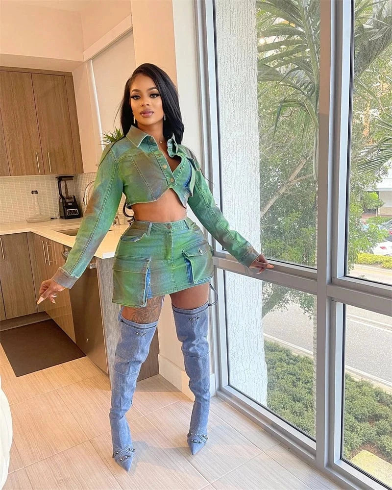 2024 spring summer new arrivals women ladies denim jeans cargo skirt and jeans top jacket two 2 piece set outfit for women jeans