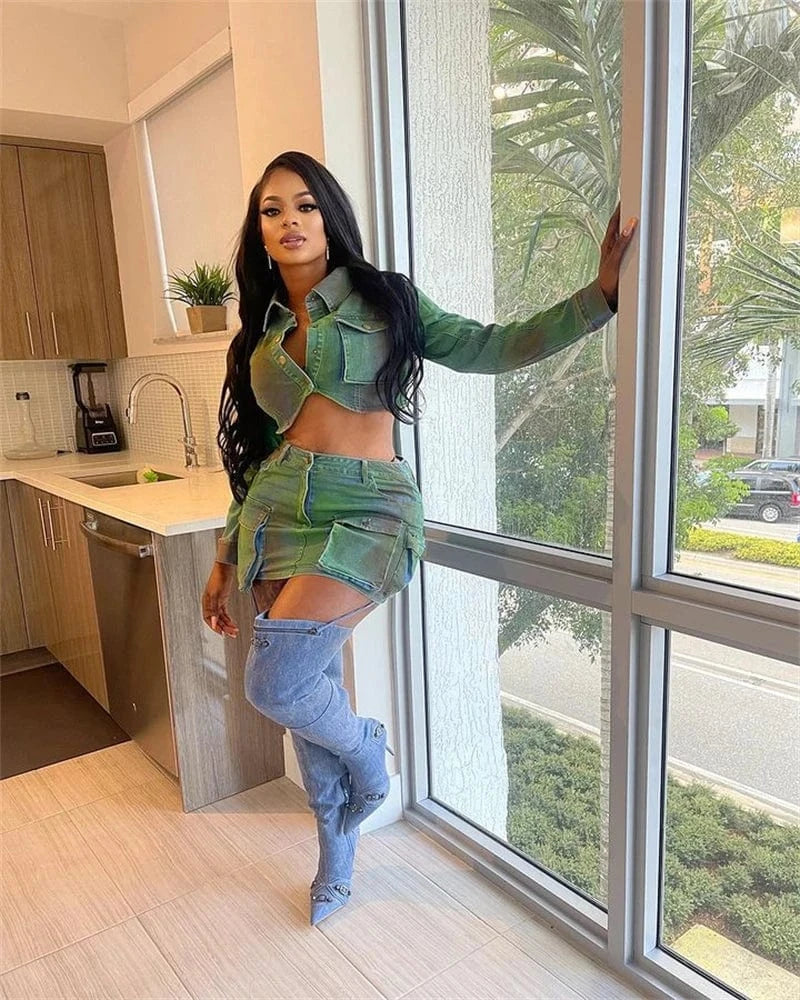 2024 spring summer new arrivals women ladies denim jeans cargo skirt and jeans top jacket two 2 piece set outfit for women jeans