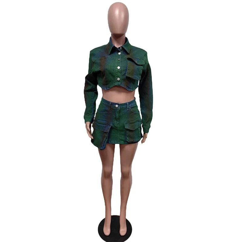 2024 spring summer new arrivals women ladies denim jeans cargo skirt and jeans top jacket two 2 piece set outfit for women jeans