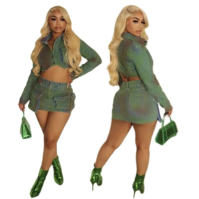 2024 spring summer new arrivals women ladies denim jeans cargo skirt and jeans top jacket two 2 piece set outfit for women jeans