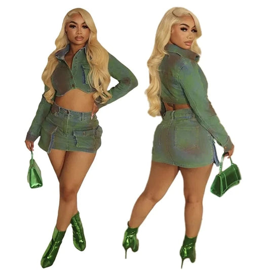 2024 spring summer new arrivals women ladies denim jeans cargo skirt and jeans top jacket two 2 piece set outfit for women jeans