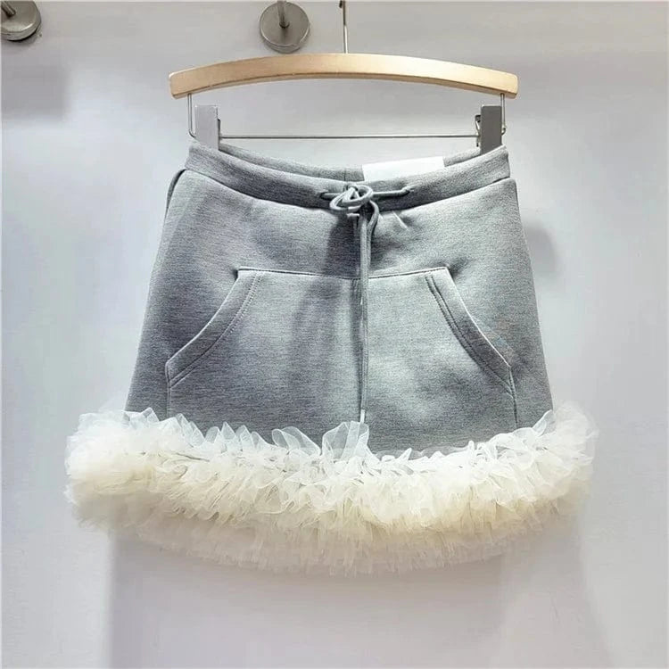 2024 Spring Summer New Drawstring Elastic Waist Pocket Multi Layer Lace Decoration Mini Skirt Women