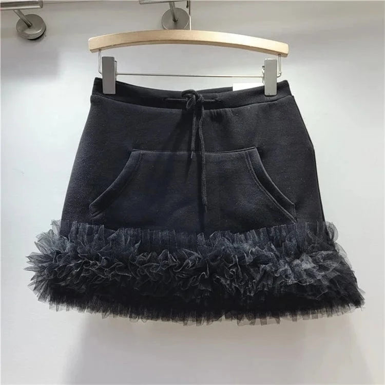 2024 Spring Summer New Drawstring Elastic Waist Pocket Multi Layer Lace Decoration Mini Skirt Women