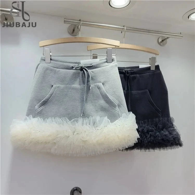 2024 Spring Summer New Drawstring Elastic Waist Pocket Multi Layer Lace Decoration Mini Skirt Women